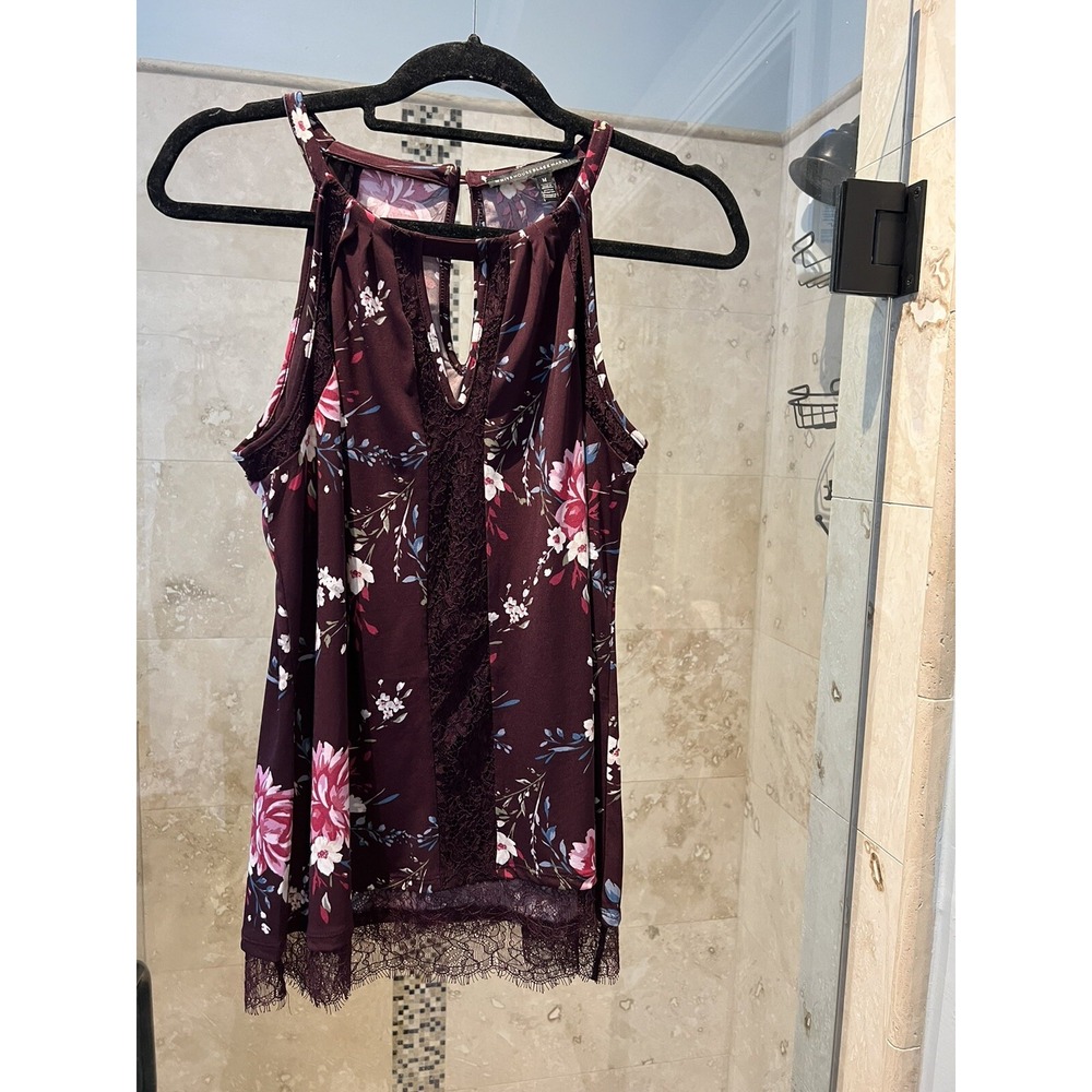 White House Black Market Halter Neck Lace Blouse Floral Red Wine M